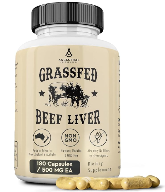 Ancestral Supplements Grassfed Beef Liver, Beef liver capsules · 180-count bottle pictured
