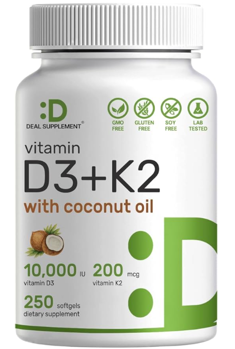 Deal Supplement Vitamin D3 + K2, With coconut oil · 250 softgels pictured