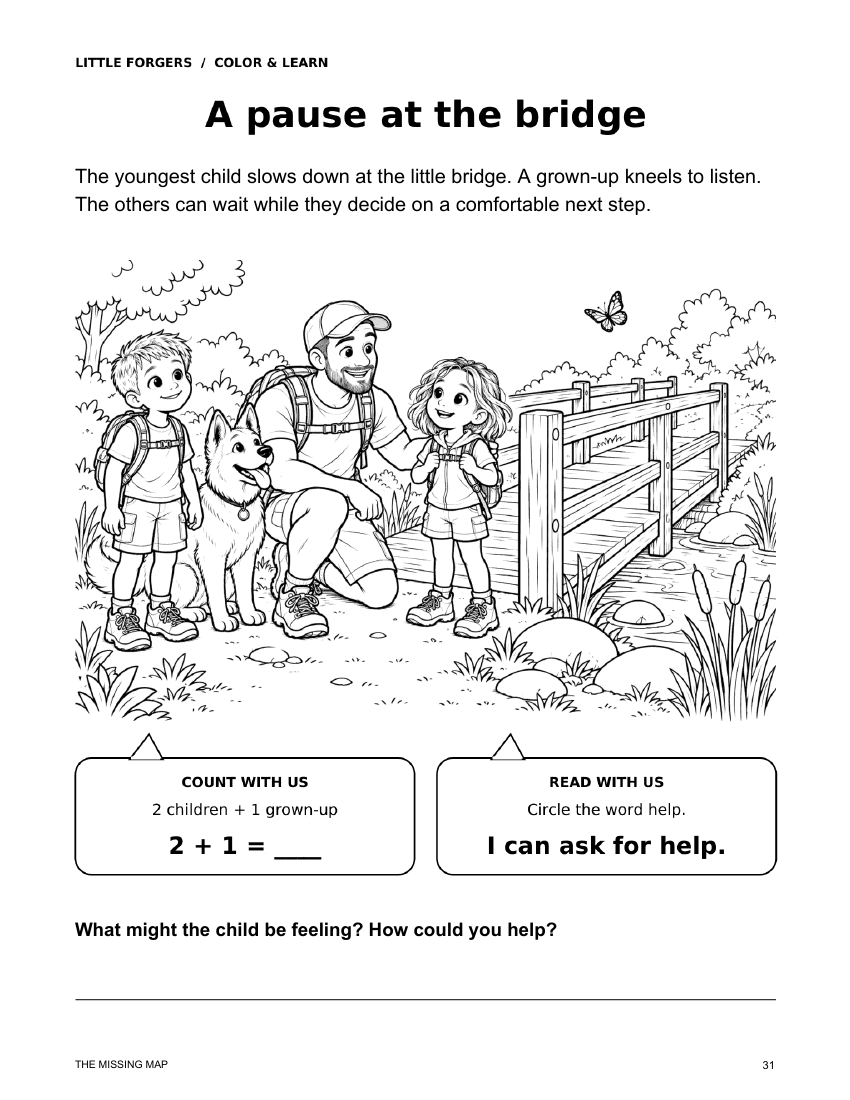 Preview A pause at the bridge, a coloring and feelings activity in The Missing Map.